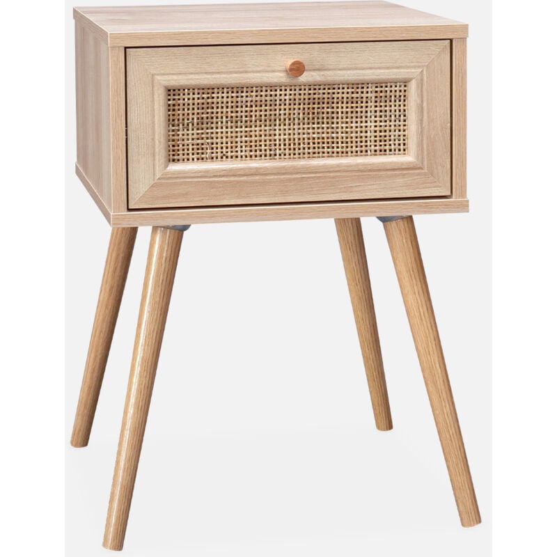 foto del prodotto comodino effetto legno e intrecciatura cannage, 1 cassetto