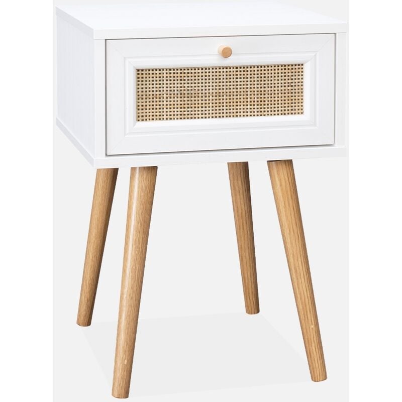 foto del prodotto comodino effetto legno e intrecciatura cannage, 1 cassetto, bianco