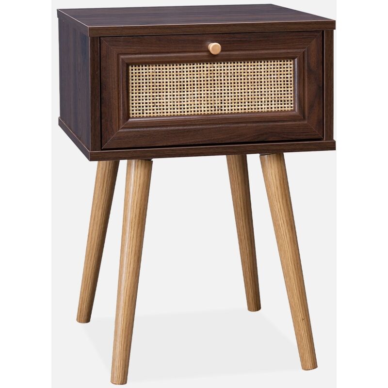 foto del prodotto comodino effetto legno e intrecciatura cannage, 1 cassetto, marrone