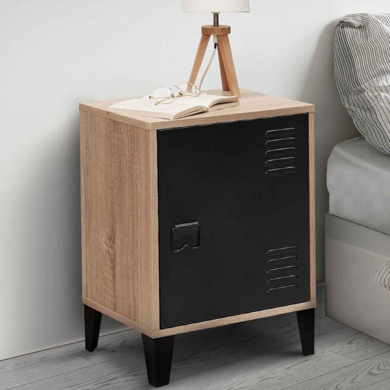 foto del prodotto comodino ester effetto legno con 1 anta in metallo nero, design industriale