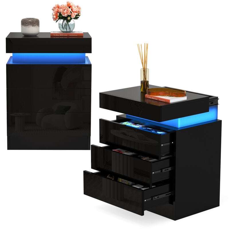 foto del prodotto comodino haloyo con 2 cassetti e led a 16 colori, comodino, tavolino per telefono, prese ca, per soggiorno, camera da letto, ufficio, 40x35x61cm, nero