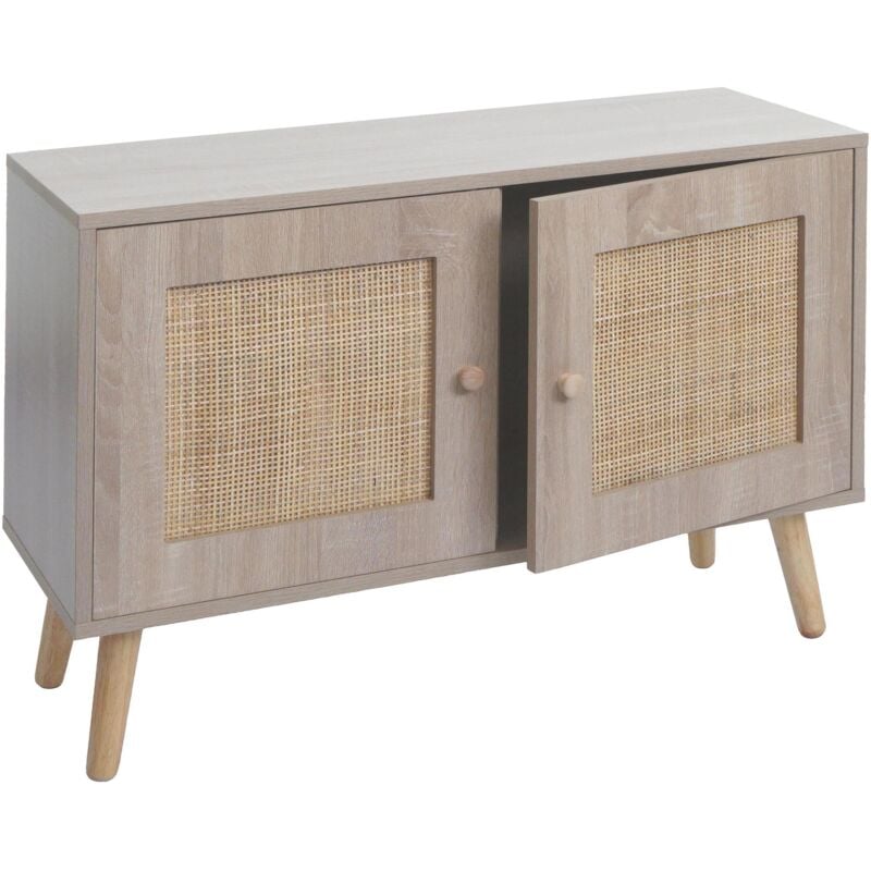 foto del prodotto comodino hhg 216, credenza mobile alto, vani portaoggetti, melamina legno kubu rattan, colore rovere