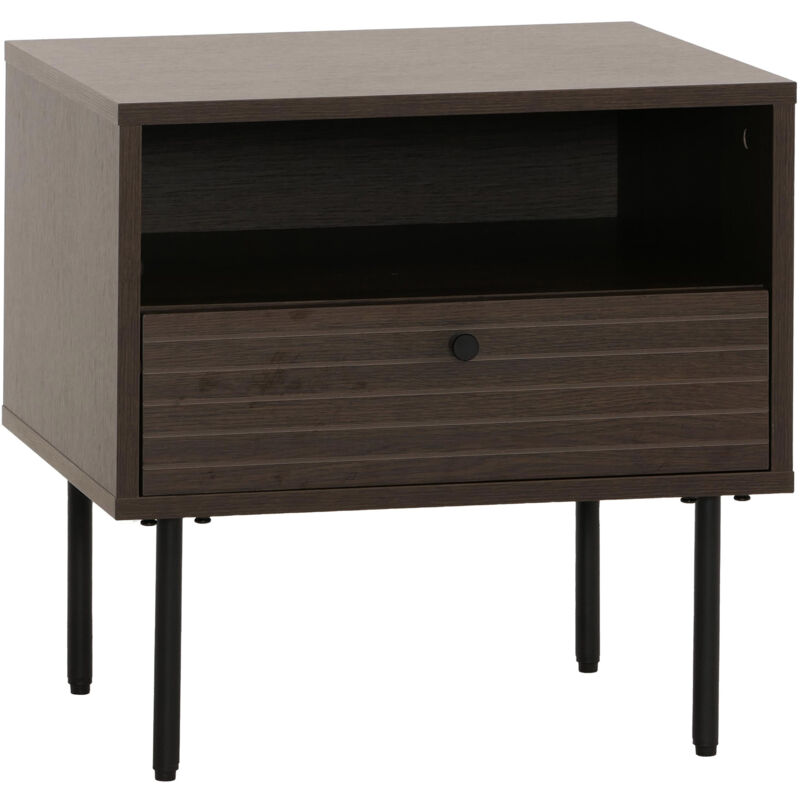 foto del prodotto comodino hhg 307, con cassetto, stile scandinavo metallo legno melamina mvg 50x40x50cm, marrone scuro