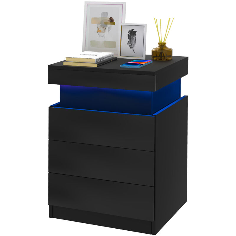 foto del prodotto comodino high gloss con illuminazione a led, cassettiera con 3 cassetti, mobili per camera da letto, 45 x 40 x 67 cm, nero haloyo