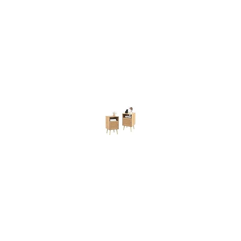 foto del prodotto comodino in legno con spazio di archiviazione, comodino con porta in rattan, gambe in legno massello, per soggiorno camera da letto, 40 x 39 x 70 cm