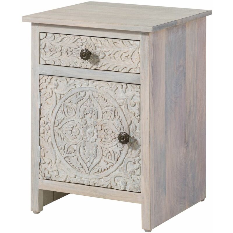 foto del prodotto comodino in legno di mango 45x40x60 con anta a sinistra bianco oliato kashmir 104