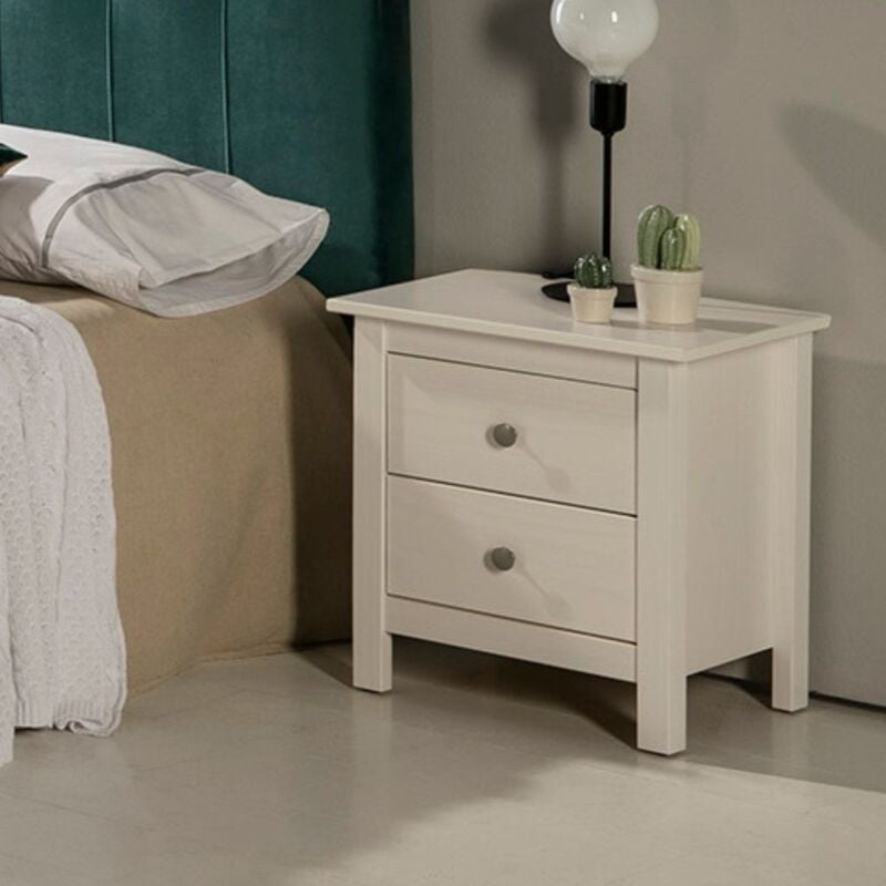 foto del prodotto comodino in legno massiccio con 2 cassetti colore bianco berna