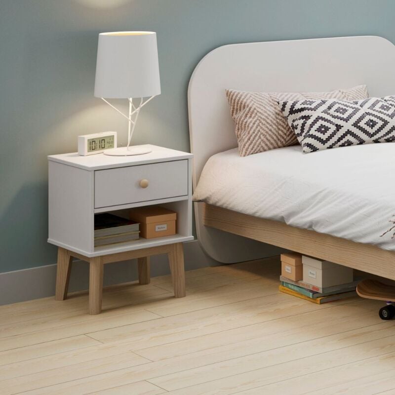 foto del prodotto comodino in legno massiccio con cassetto colore bianco 40x35x53h cm reston