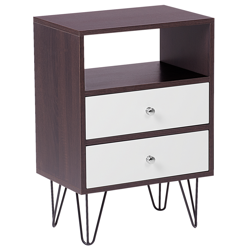 foto del prodotto comodino in legno scuro con 2 cassetti bianchi realizzato in legno design moderno