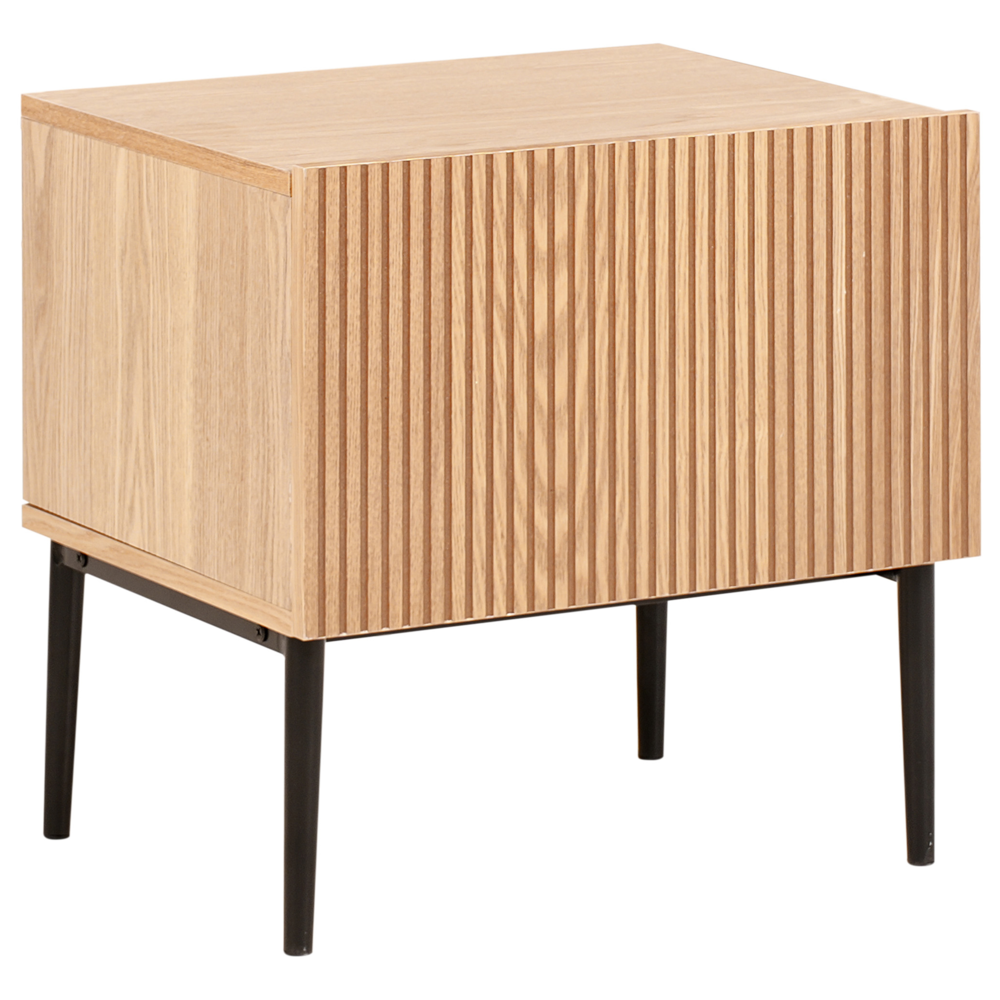 foto del prodotto comodino in mdf a coste in legno chiaro con 1 cassetto stile moderno