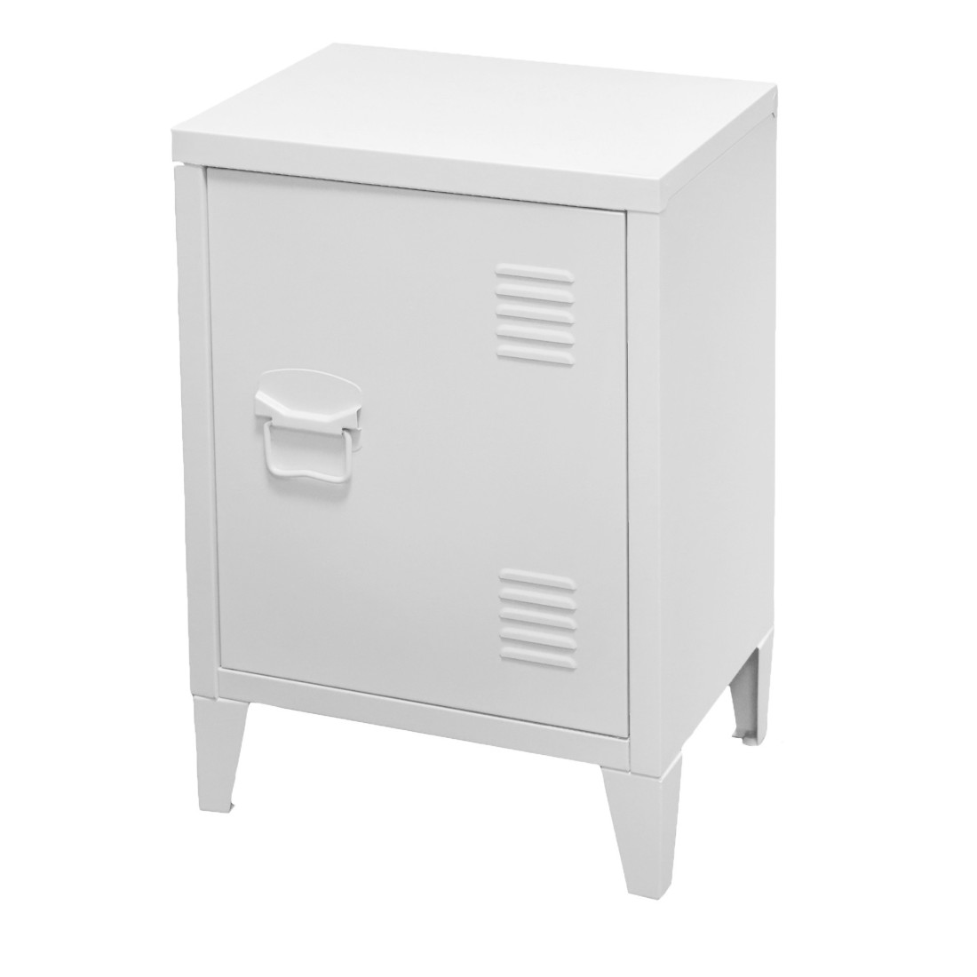 foto del prodotto comodino in metallo collezione loft con 1 porta stile industriale, dimensioni 40x30x57 cm, colore bianco