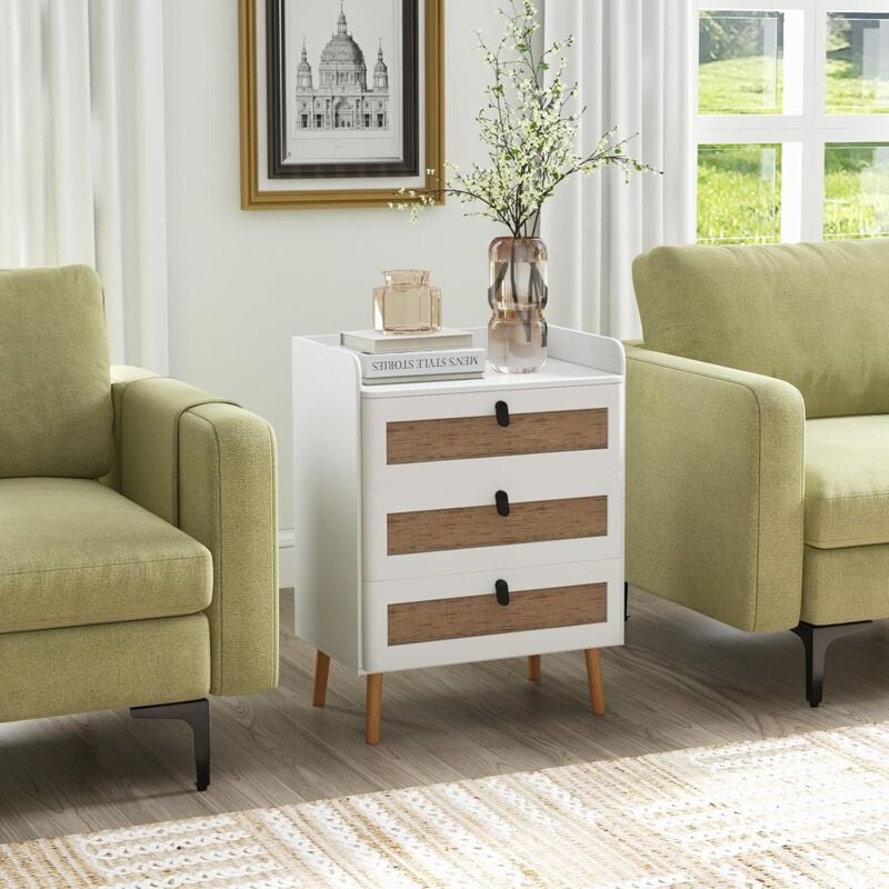 foto del prodotto comodino in rattan a 3 cassetti, gambe in legno massiccio per piccoli spazi, tavolino per soggiorno, camera da letto, 60x40x75 cm goplus