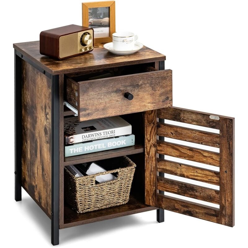 foto del prodotto comodino in stile industriale, tavolino da salotto con anta e cassetto, armadietto con ripiano regolabile in altezza, per salone, camera da letto,