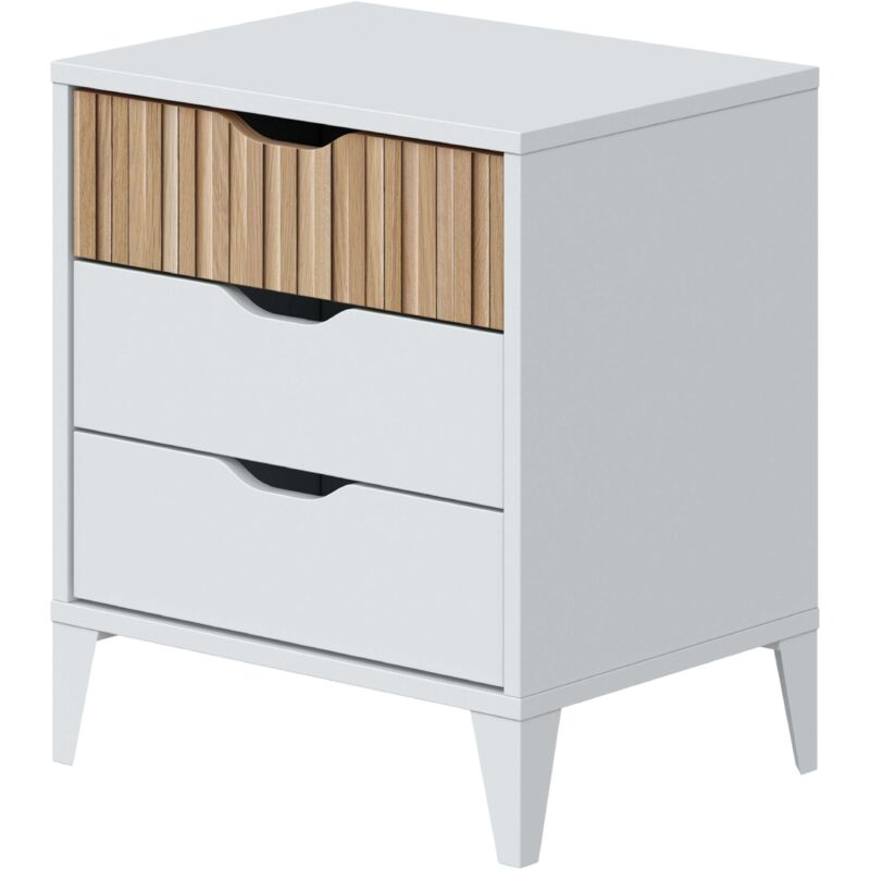 foto del prodotto comodino in stile nordico in artik bianco e colore naturale con 3 cassetti 44x50x33 cm