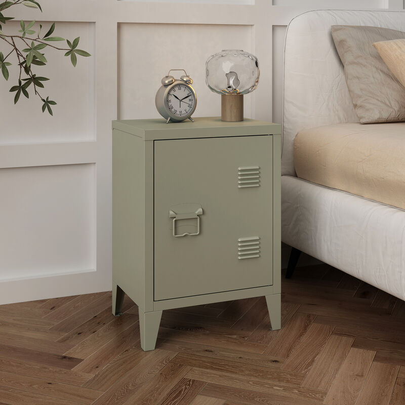 foto del prodotto comodino inari in acciaio tavolino basso contenitore con anta color cammello, opaco en.casa 