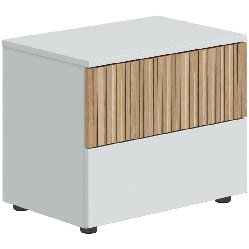 foto del prodotto comodino josie, com basso, tavolino da notte, mensola da letto, 50x42 h34 cm, bianco e rovere