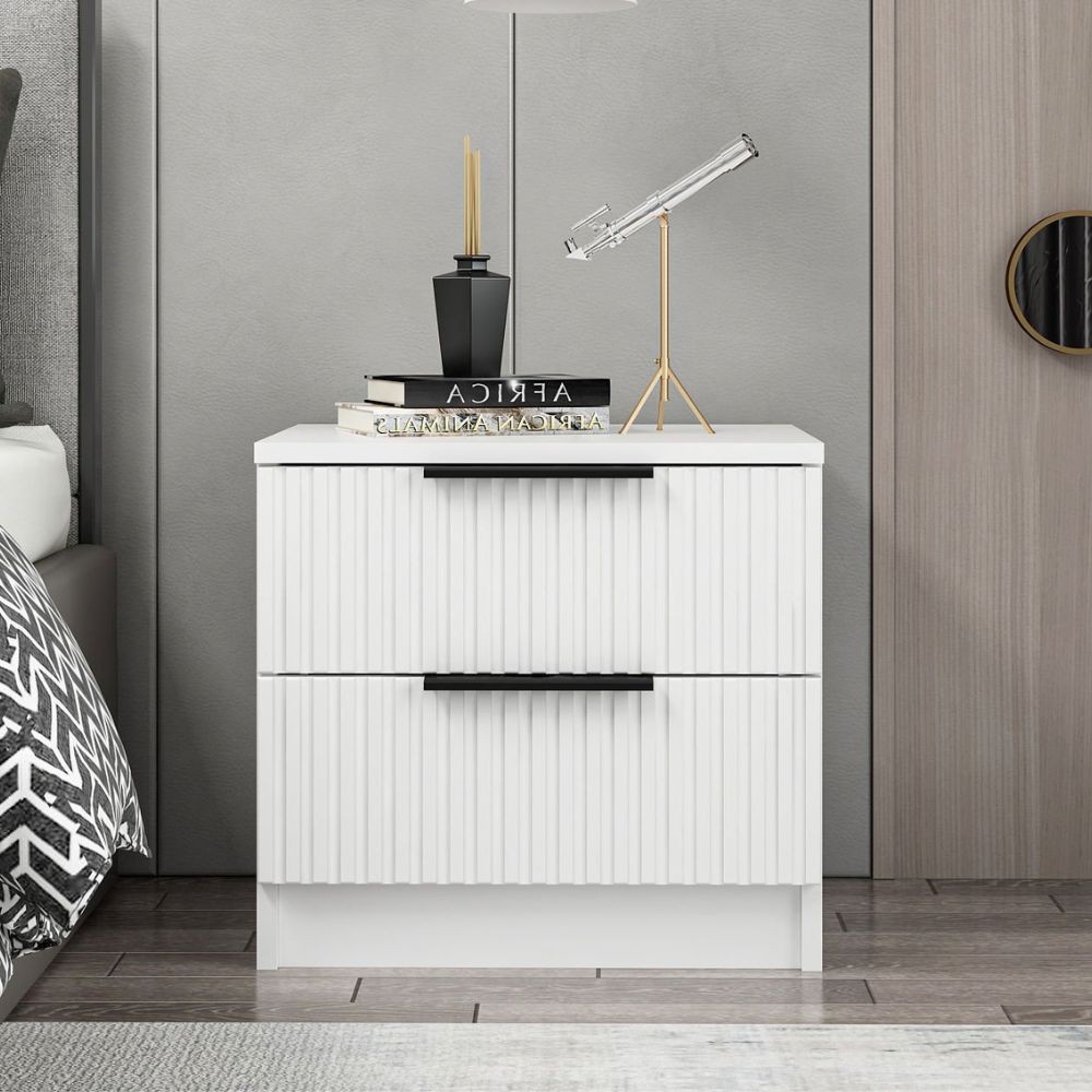 foto del prodotto comodino kale bianco effetto cannettato due cassetti 50x40x47h