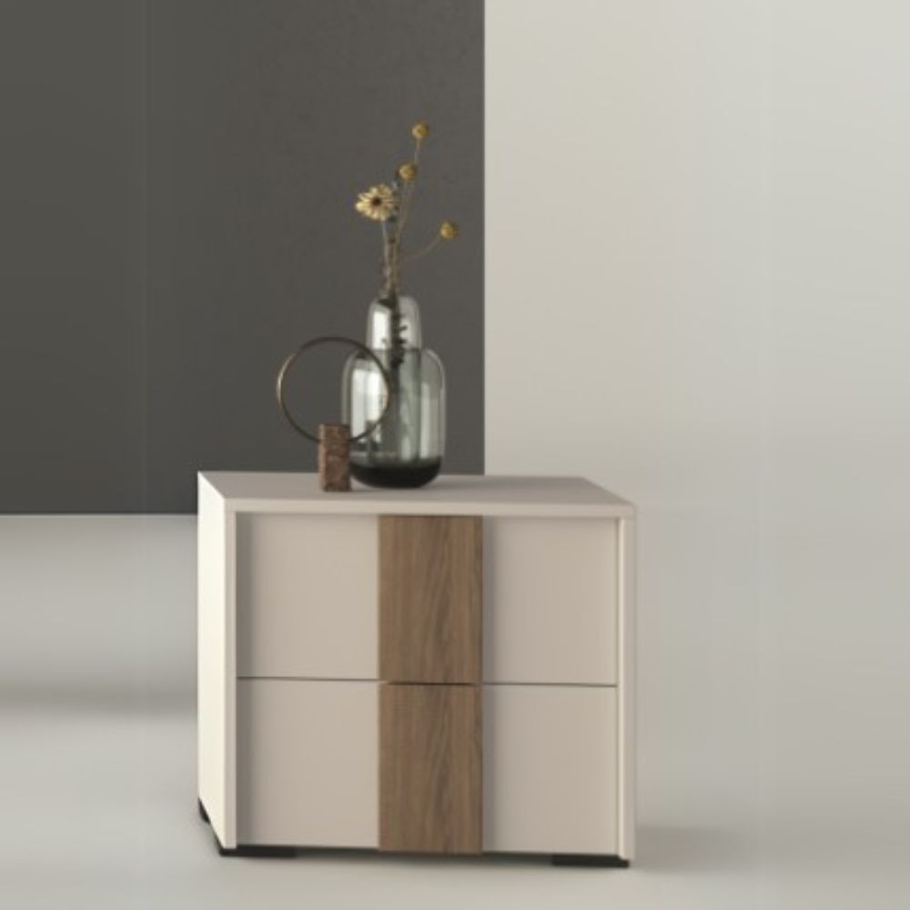 foto del prodotto comodino kross 2 cassetti bianco nuvola top mat e maniglione noce america