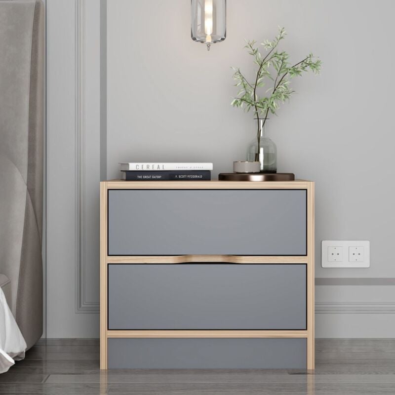 foto del prodotto comodino legno e grigio con 2 cassetti molde