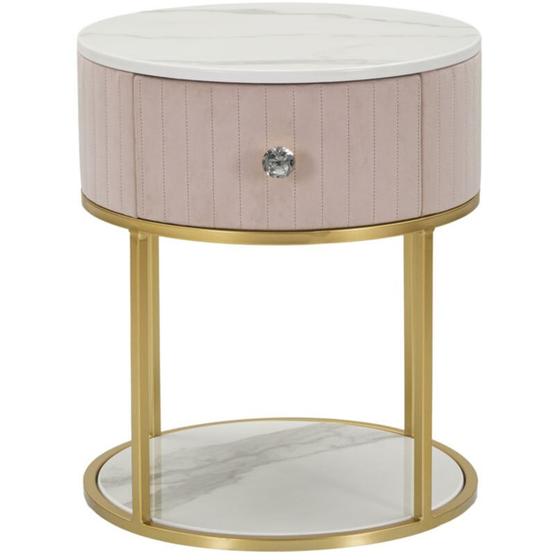 foto del prodotto comodino mf18, metallo, legno, tessuto, pu, rosa, oro, bianco, 42x42x48 cm
