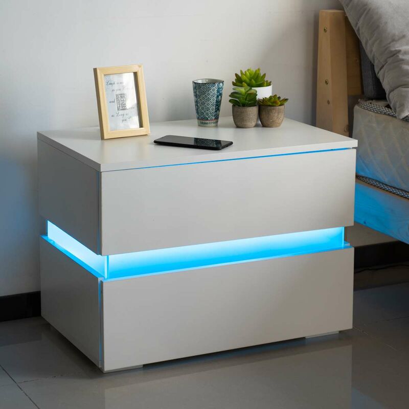 foto del prodotto comodino mobiletto cassettiera 2 cassetti design con led in legno mdf bianco