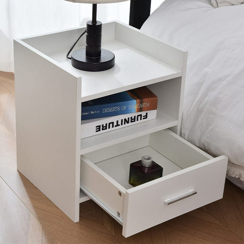 foto del prodotto comodino mobiletto moderno 1 cassetto e 2 ripiani salvaspazio bianco 35x38x45 cm