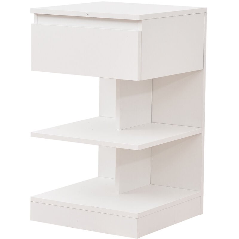 foto del prodotto comodino mobiletto moderno 1 cassetto e 2 ripiani salvaspazio bianco 39x39x65cm