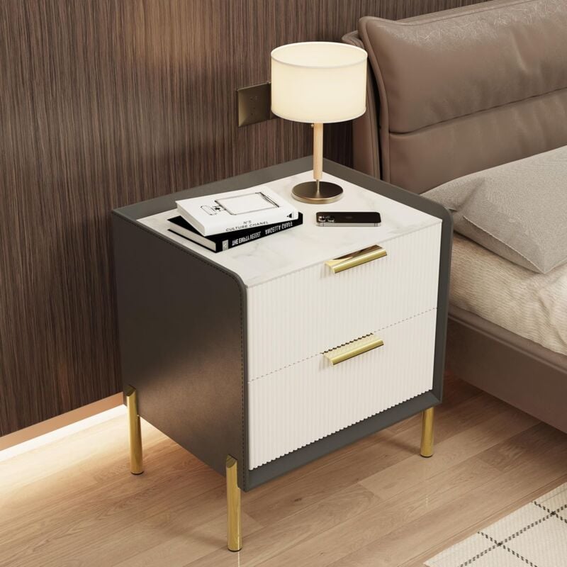 foto del prodotto comodino moderno camera da letto comodino con 2 cassetti piano marmo del pietra sinterizzata posteriore in pelle bianco e grigio 48,5x38,5x53cm