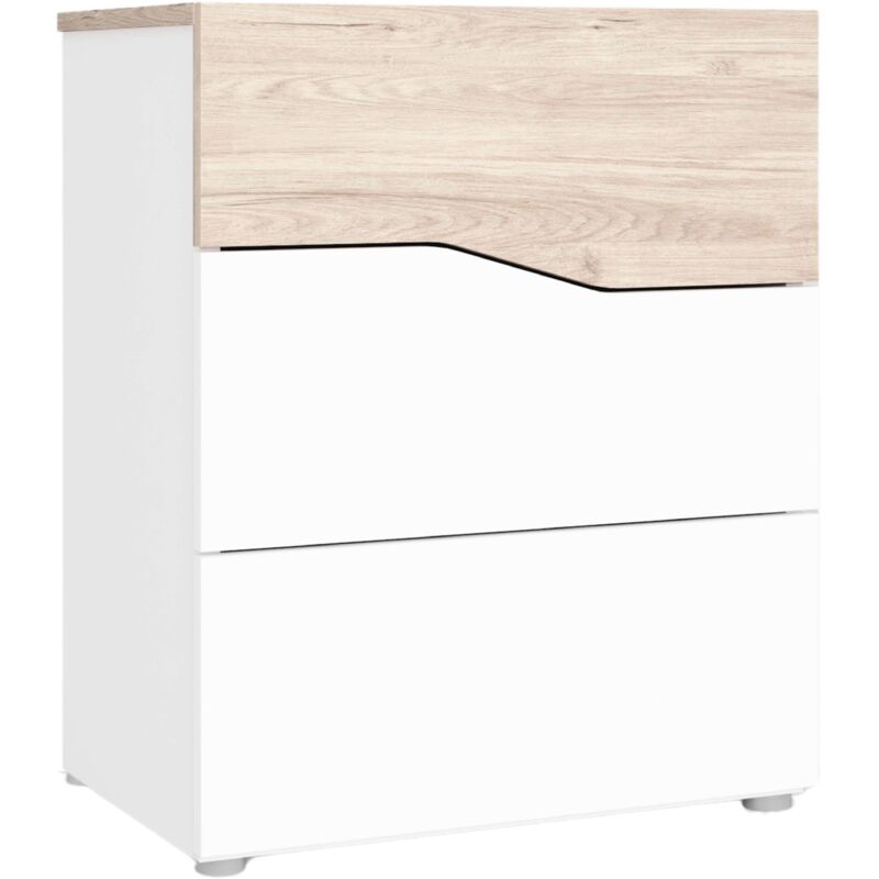 foto del prodotto comodino moderno cannes con 3 cassetti, bianco opaco e sahara, 54x65x35cm