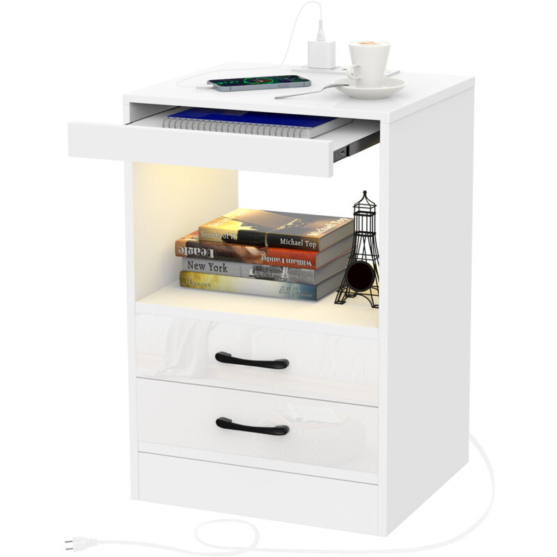 foto del prodotto comodino moderno haloyo a 3 cassetti con luci a led, comodino con multipresa, per soggiorno, camera da letto, 40x35x60 cm, bianco