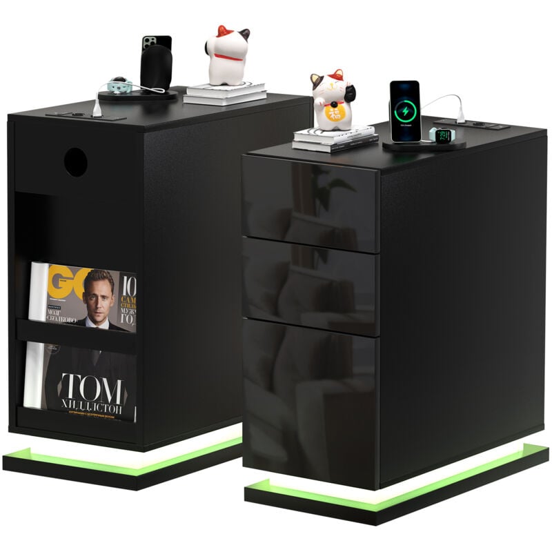 foto del prodotto comodino moderno haloyo a 3 cassetti con luci a led, comodino con multipresa, per soggiorno, camera da letto, 50x30x63 cm, nero