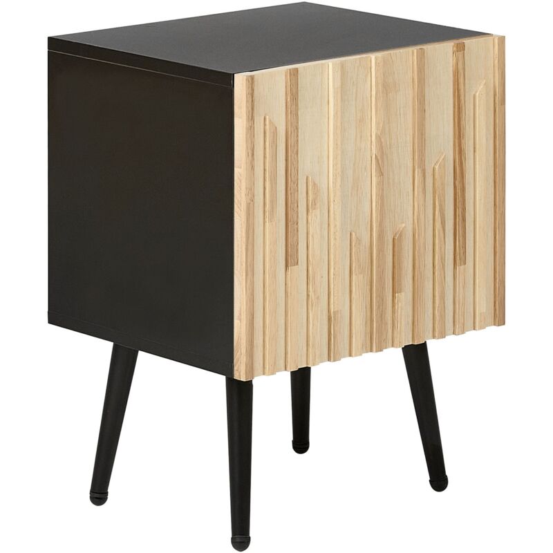 foto del prodotto comodino moderno in legno chiaro con struttura in mdf anta in legno massiccio gambe in ferro dalcross