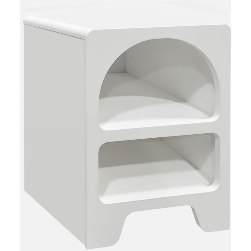 foto del prodotto comodino organico effetto legno bianco, 2 nicchie mobileoggetti