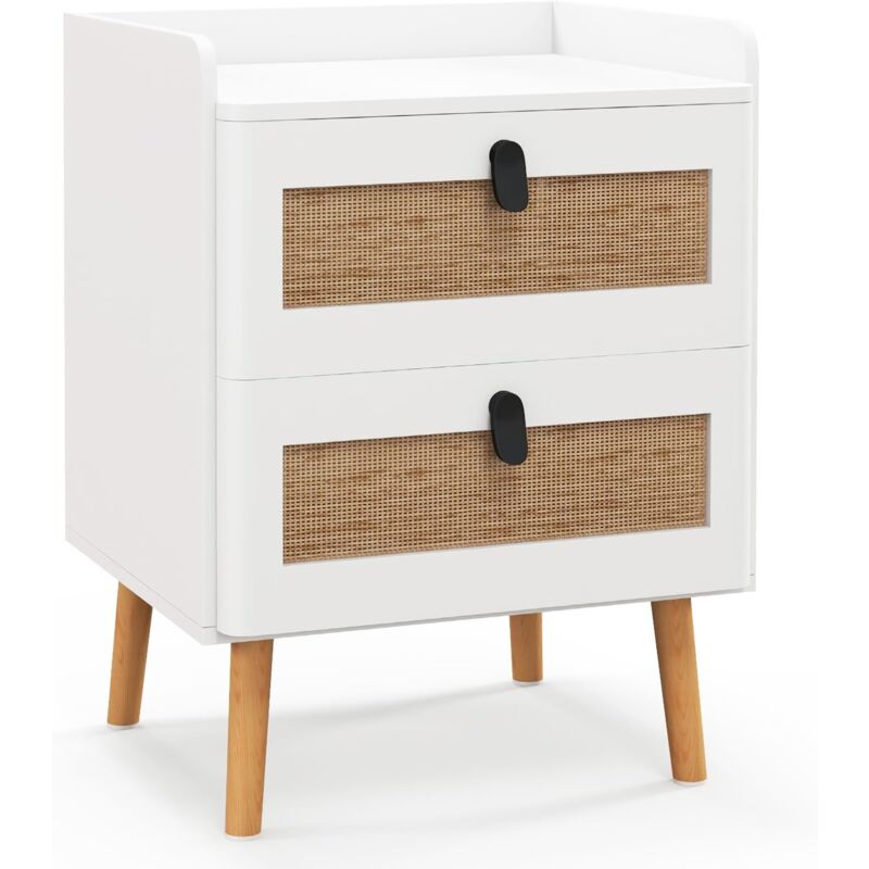 foto del prodotto comodino per camera da letto in legno, comodino moderno con 2 cassetti, gambe in legno massello, per soggiorno, camera da letto, bianco, 45 x 40 x 57