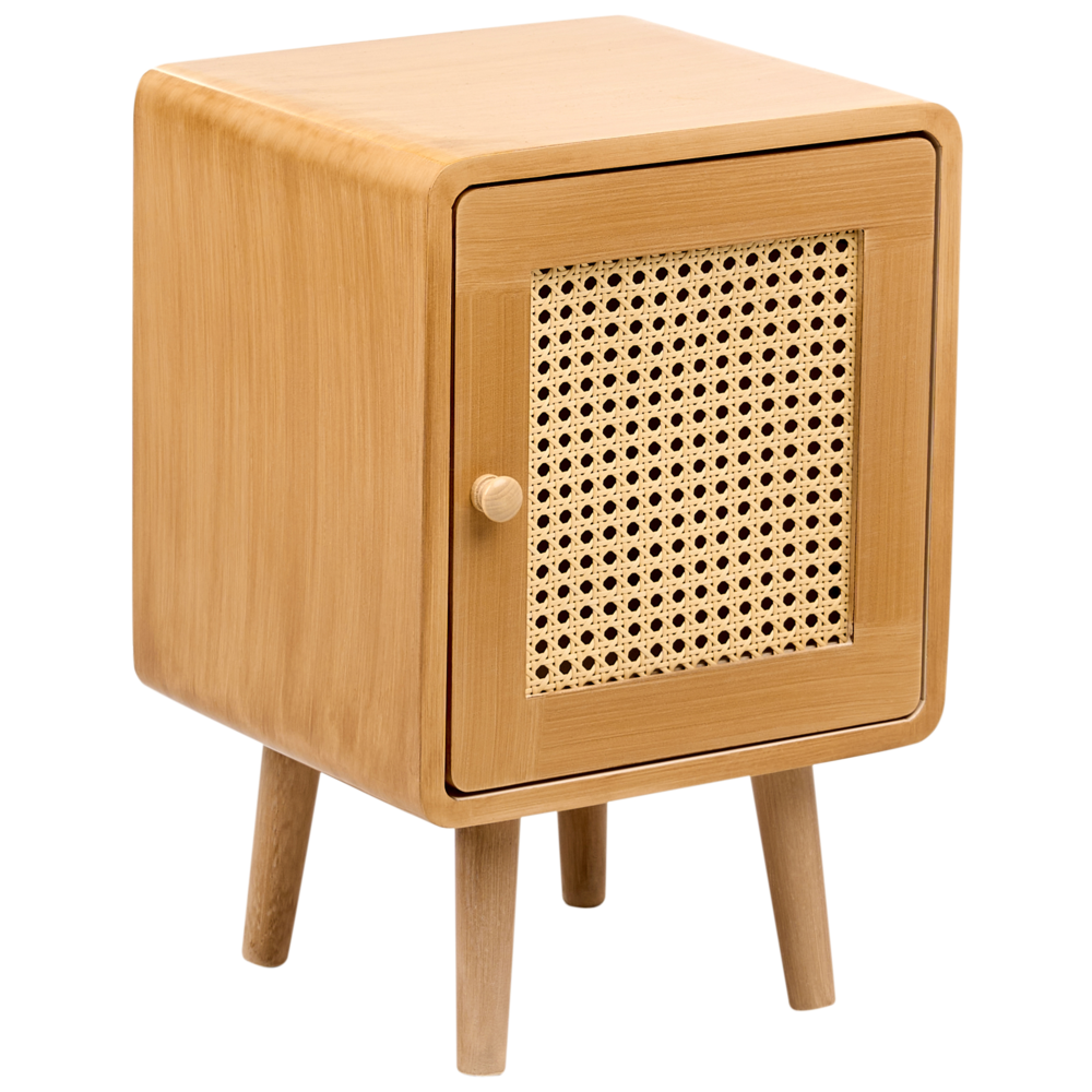 foto del prodotto comodino rattan sintetico fronte mdf impiallacciato treccia viennese marrone chiaro stile boho soggiorno camera da letto