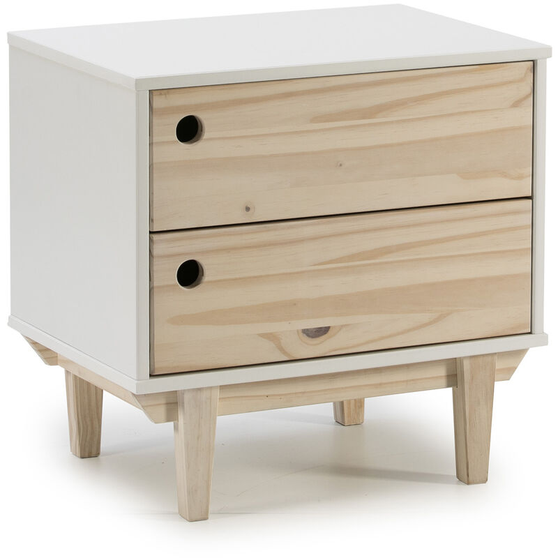 foto del prodotto comodino roma 2 cassetti in bianco, gambe e frontali in legno naturale
