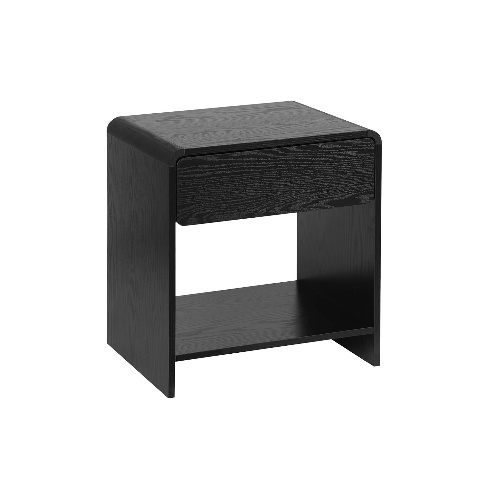 foto del prodotto comodino rotondo con decoro in legno, 1 cassetto, 1 ripiano, nero