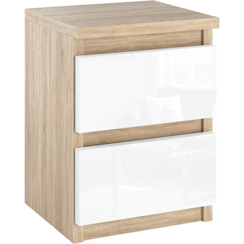 foto del prodotto comodino, rovere sonoma, bianco lucido, 30cm, 2 cassetti, tavolino tv per la camera da letto