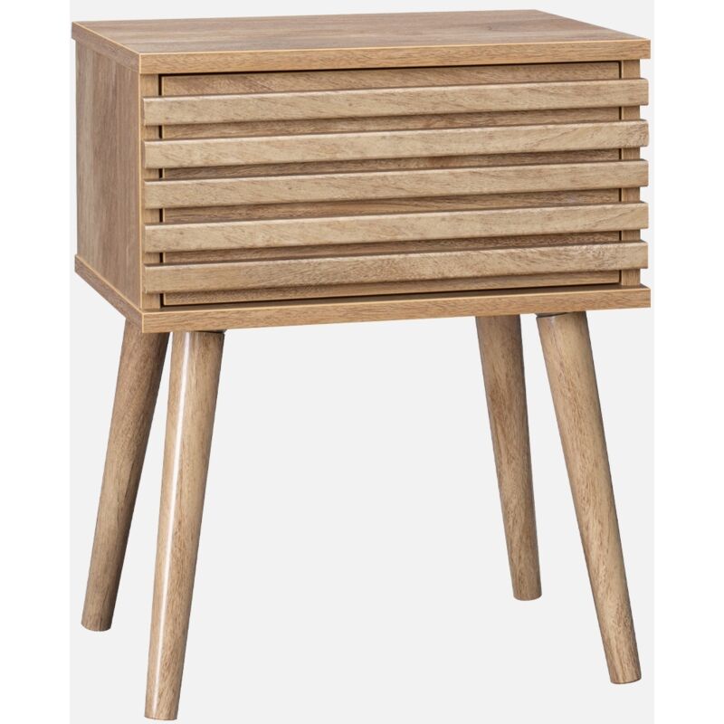 foto del prodotto comodino scandinavo con decori in legno scanalato