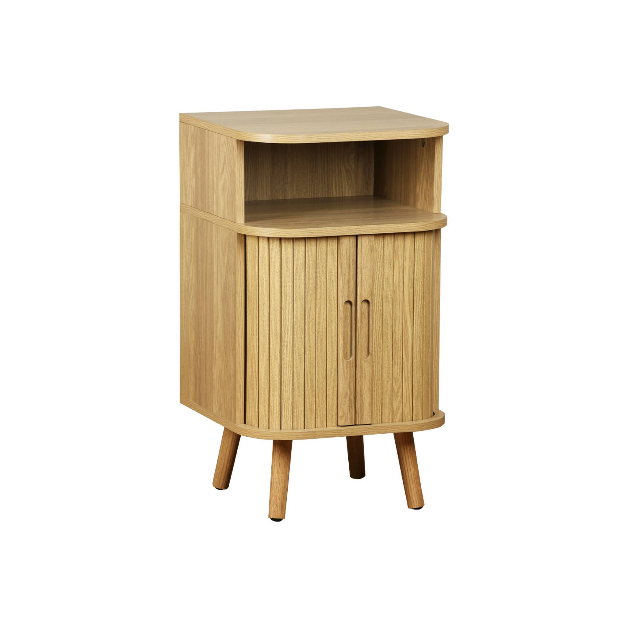 foto del prodotto comodino scandinavo decorazione legno 2 porte scorrevoli, marrone