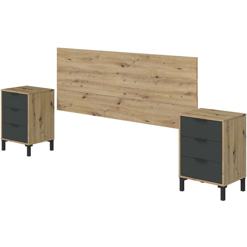 foto del prodotto comodino, set camera da letto, testiera letto e 2 comodini a 3 cassetti, cm 160x2, rovere effetto nodi e antracite