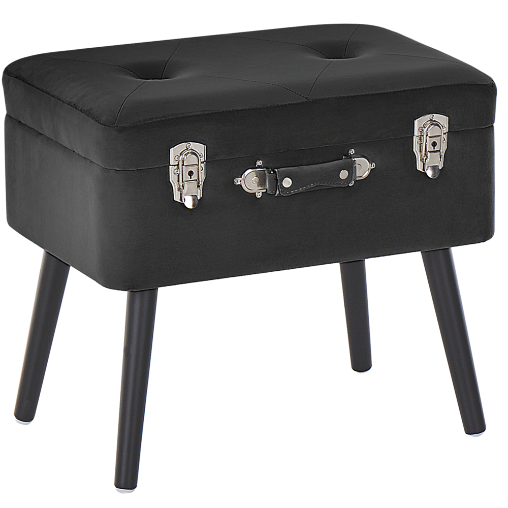 foto del prodotto comodino sgabello contenitore gambe nere imbottite in velluto nero design a valigia con bottoni