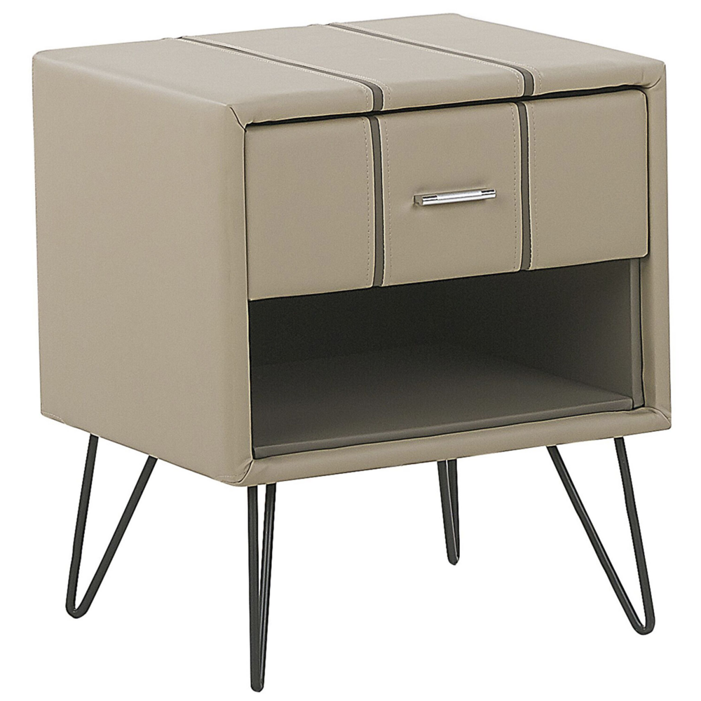foto del prodotto comodino tappezzeria in ecopelle beige gambe a forcina 48 x 41 x 56 cm 1 cassetto