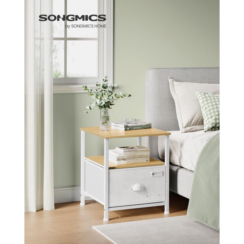 foto del prodotto comodino, tavolino con 2 ripiani, cassetto in tessuto, stile moderno, per soggiorno, camera da letto, salotto, beige rovere e bianco nuvola songmics