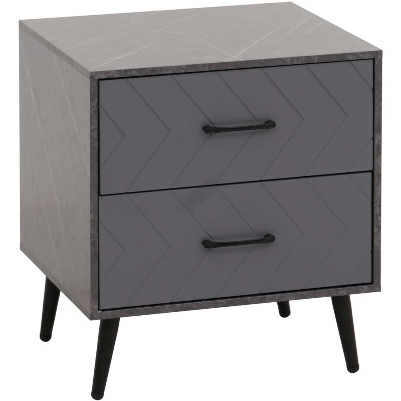 foto del prodotto comodino tavolino hhg 686, tavolo d appoggio, 2 cassetti in legno melaminico, 55x48x40cm, aspetto marmo grigio