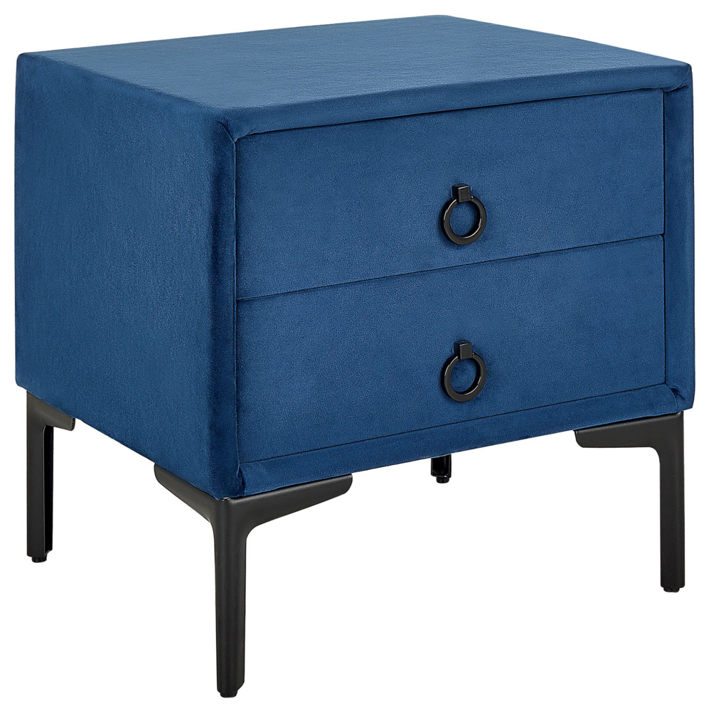 foto del prodotto comodino velluto blu gambe in metallo nero con 2 cassetti contenitori 44x 38 cm comodino