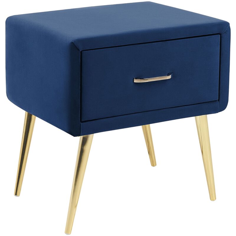 foto del prodotto comodino velluto blu marino e oro con cassetto flayat