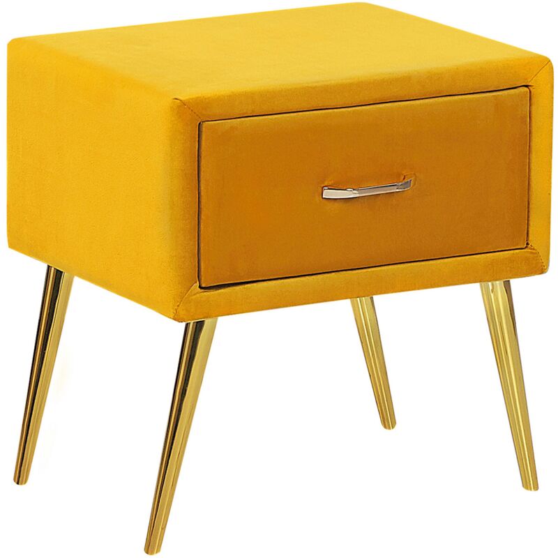 foto del prodotto comodino velluto giallo e oro con cassetto flayat