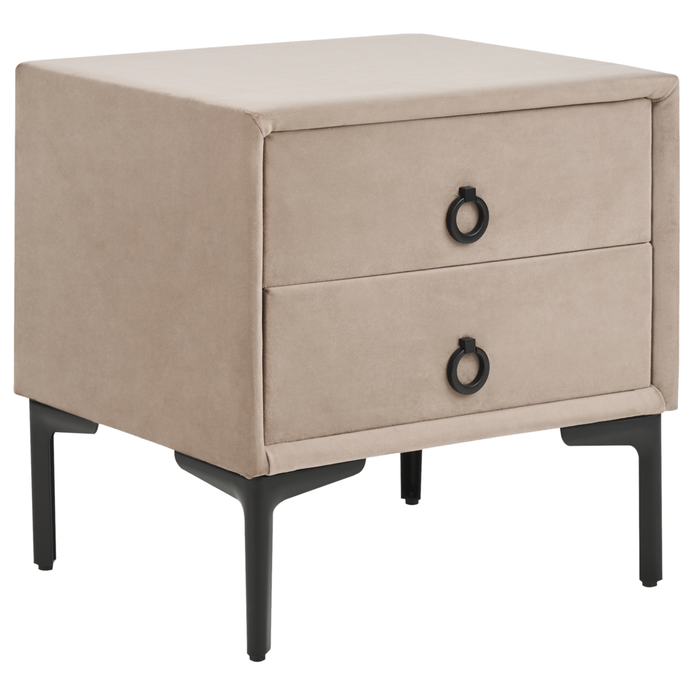 foto del prodotto comodino velluto grigio tortora gambe in metallo nero con 2 cassetti contenitori 44x 38 cm comodino