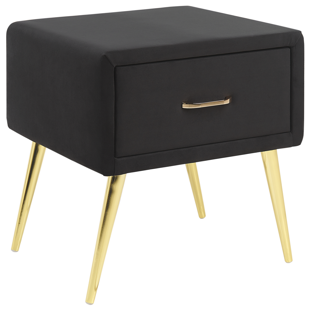 foto del prodotto comodino velluto nero e oro con cassetto flayat